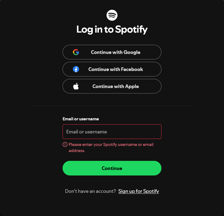 spotify login screen